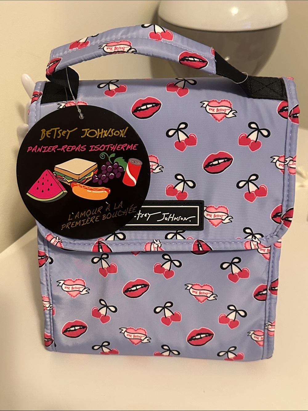 Betsey Johnson Lavender Cherry & Lip Print Insulated Lunch Bag